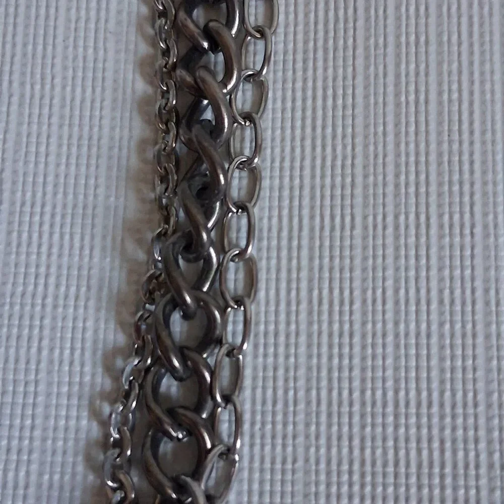 Gunmetal Gray and Silver Toned Metal Curb Cable Link Multi Strand Chain Necklace